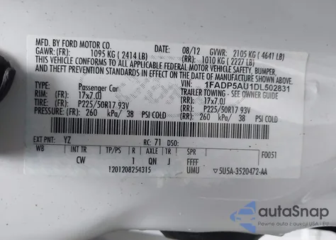 2013 Ford C-Max Hybrid Se z USA, uszkodzony, nr VIN 1FADP5AU1DL502831